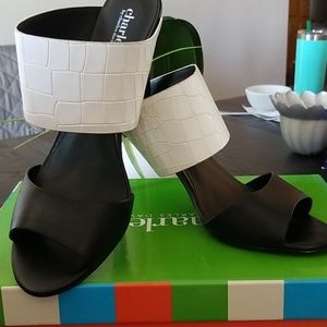 Black and white heel sandals